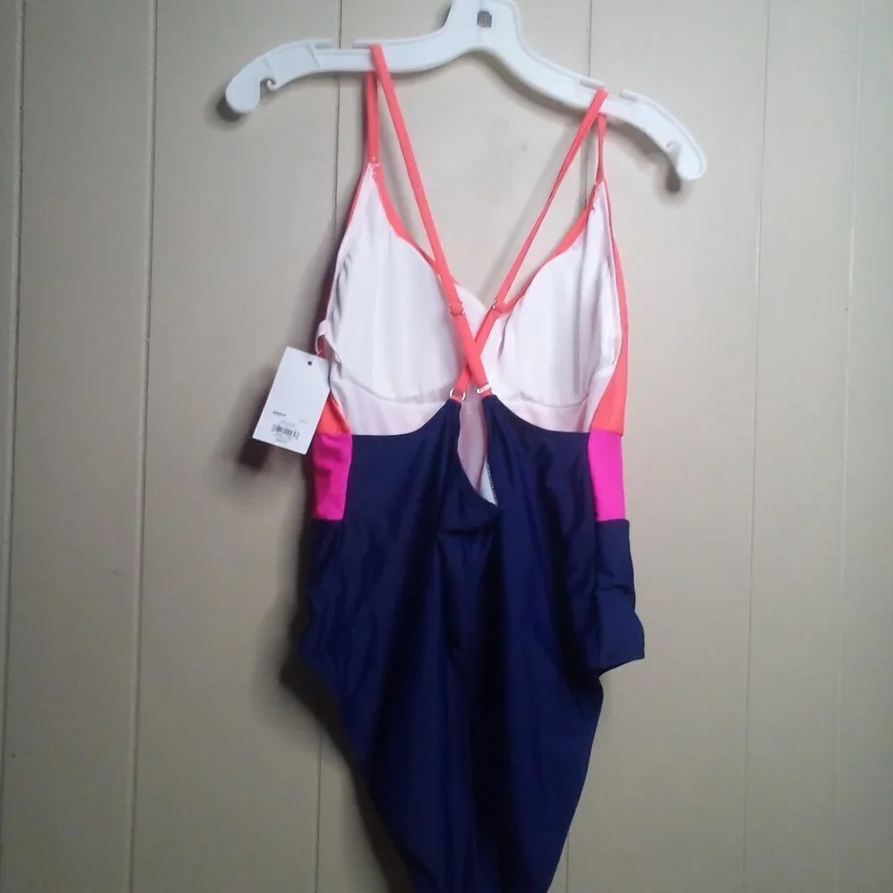 SO One Piece Swimsuit XL 15-17 Crossback Colorblock Navy Red Pink